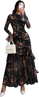 Women's Gothic Floral Long Sheer Mesh Bell Sleeve Ruffles Ruffles Bohemian Elegant Casual Holiday Guest Dress
