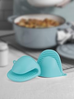 2 Pcs Mini Silicone Oven Gloves Heat Resistant Pot Holders for Kitchen Baking (Light Blue)