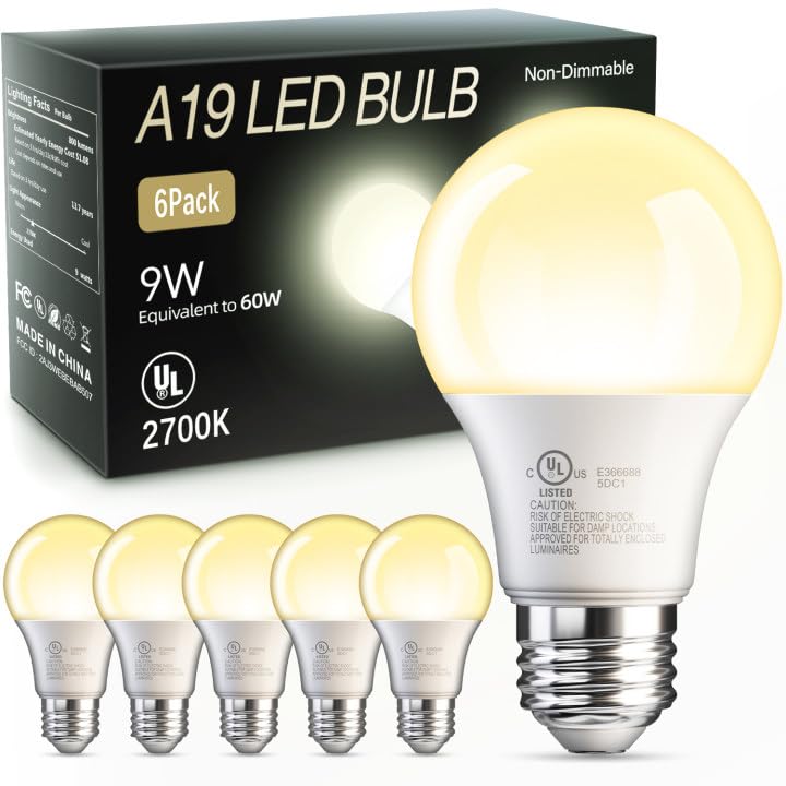 TJOY 6 Pack A19 LED Light Bulbs, Soft Warm White 2700K, 60 Watt Eq,E26 Base | Ef