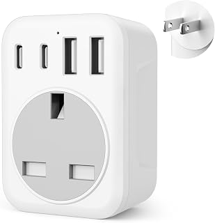 5 IN 1 UK to Japan Plug Adapter,Japan Travel Adapter with 2 USB C and 2 USB A Ports, 1 AC Outlet, 100V-240V, Type A Travel Adapter for USA, China, Mexico, Canada