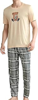 Mens Short Sleeve Print Pyjamas Set with Long Grid Pants 2 Piece with Chest Pocket