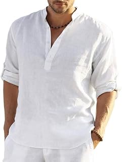 PADOLA Men's Shirts Linen T-Shirt Loose Long Sleeve Casual Top Solid Color Summer Shirt Regular Fit Breathable Henley Shirts Casual