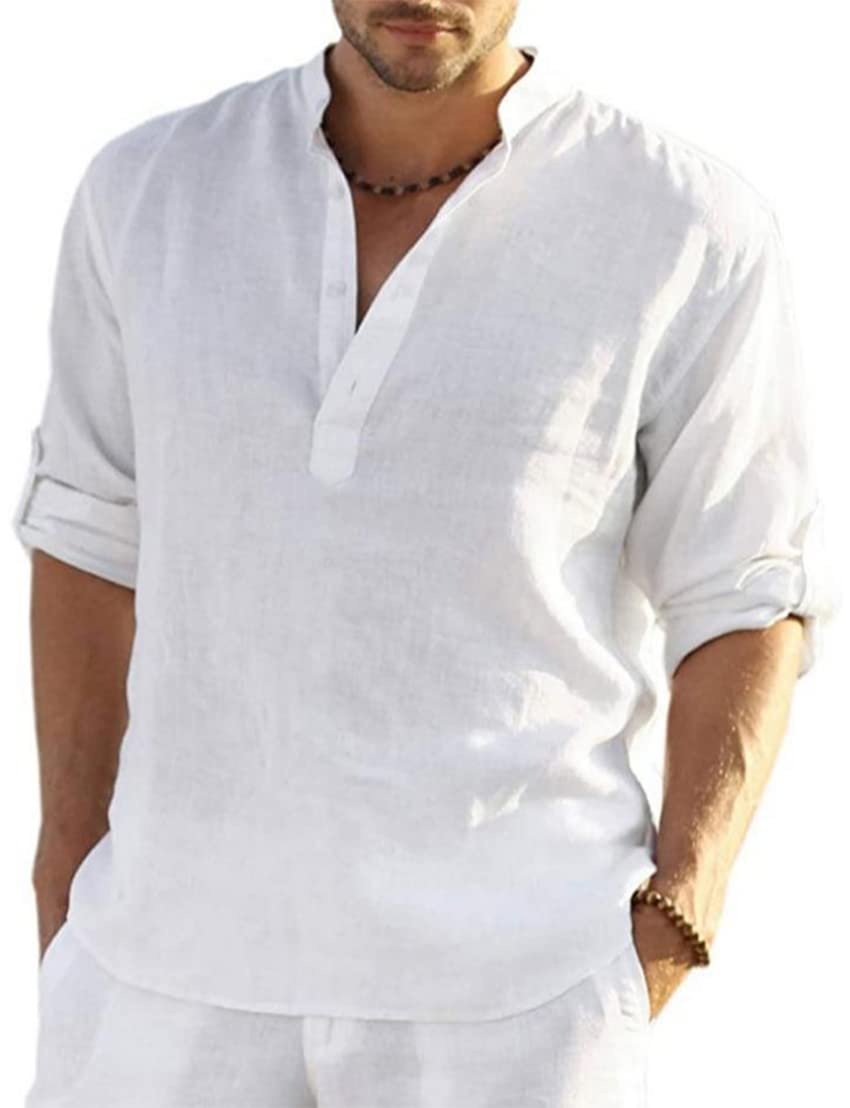 PADOLA Men's Shirts Linen T-Shirt Loose Long Sleeve Casual Top Solid Color Summe