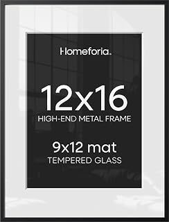 Homeforia 12x16 Black Picture Frame, High-End Metal, 9x12 Mat, Glass | High End Aluminum, Tempered Glass, Acid-Free 9x12 Removable Mat, 12x16 in Edge-to-Edge Display 16x12, Wall Kit, Set Of 1