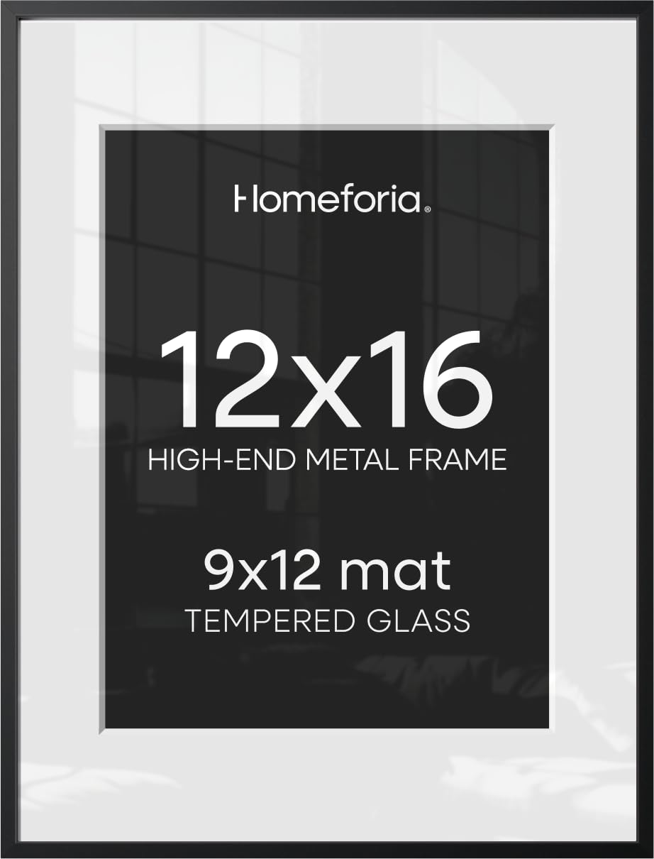 Homeforia 12x16 Black Picture Frame, High-End Metal, 9x12 Mat, Glass | High End 