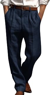 Ybing mens chinos pants long pleated loose pants with pocket casual straight leg solid color linen pants business pants vintage chino pants summer pants