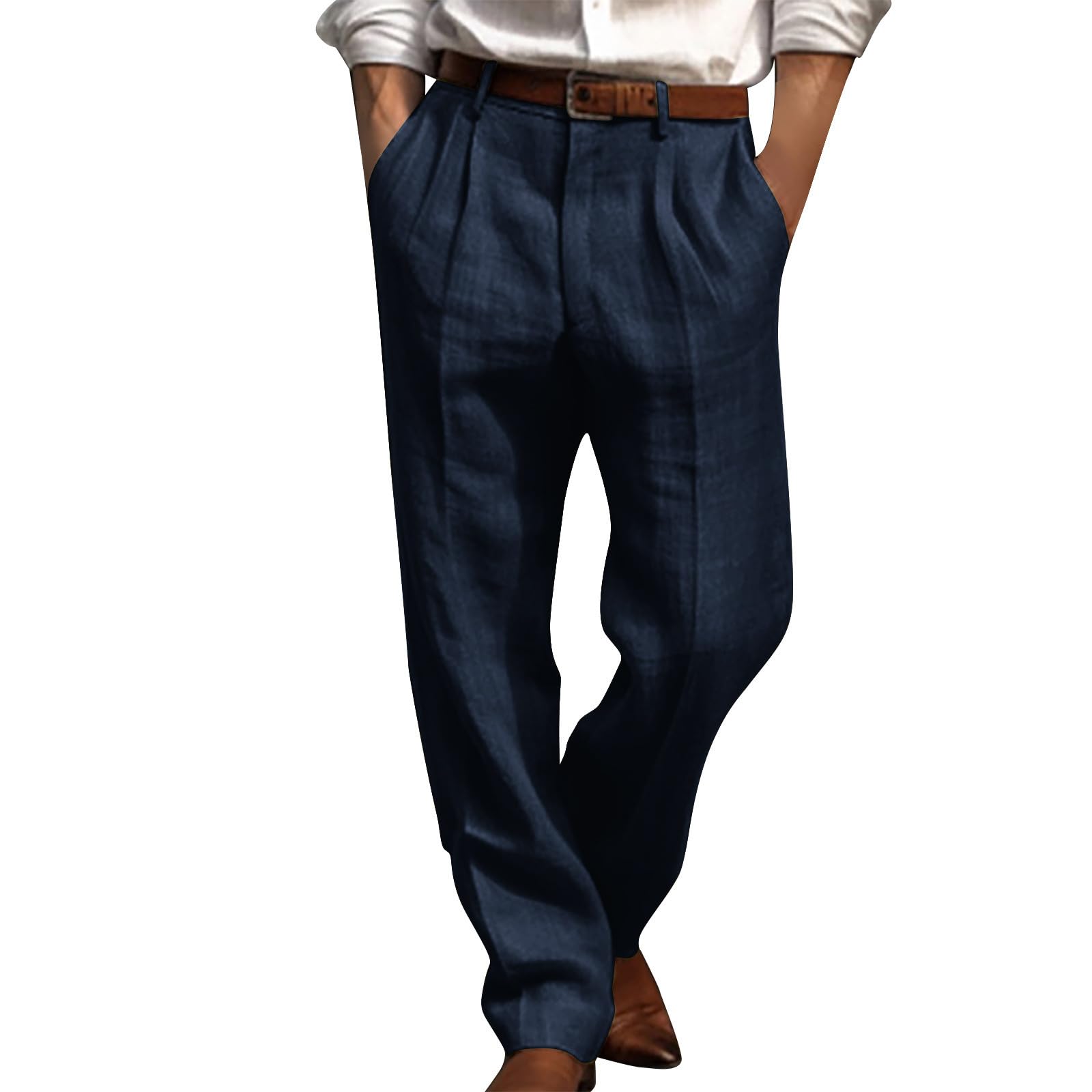 Ybing mens chinos pants long pleated loose pants with pocket casual straight leg