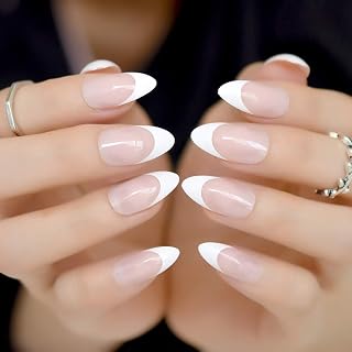 Glossy Nude White French Press On Nail Medium Almond Fake Nail Acrylic Fake Nail Art Tips Manicure Kit