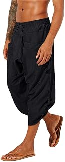 Mens Linen Capri Pants 3/4 Drawstring Shorts Casual Beach Yoga Hippie Thai