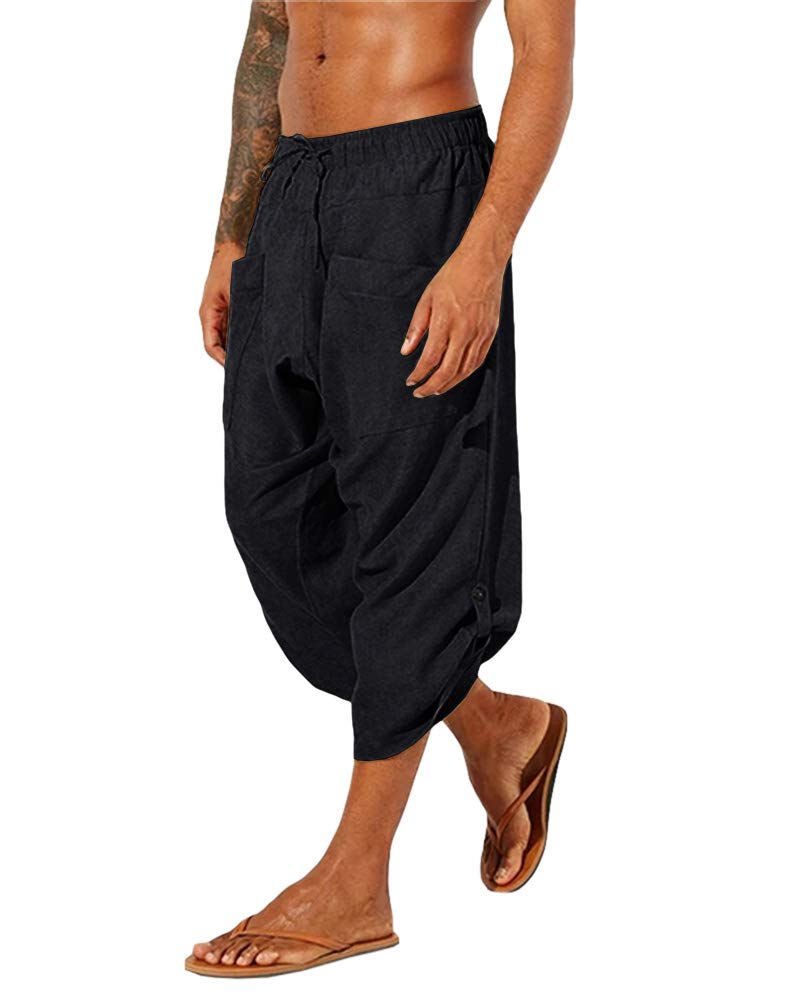 Mens Linen Capri Pants 3/4 Drawstring Shorts Casual Beach Yoga Hippie Thai