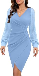 ihot Women's 2026 Sexy V Neck Mesh Long Sleeve Faux Wrap Ruched Sheath Bodycon Party Cocktail Work Dress