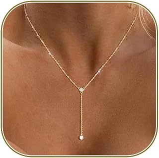 HERIER Lariat Gold Necklace for Women, Dainty Long Necklace 14k Gold Plated/Silver Y-Shaped Layered Beaded Chain Drop Necklaces for Women Trendy Simple Gold Jewelry for Women Gifts