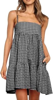 Womens Summer Plaid A-line Sleeveless Casual Flowy Mini Sundress