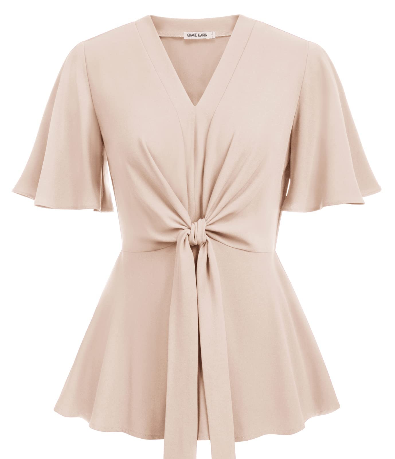 GRACE KARIN Women's Elegant V-Neck Tie Waist Flowy Peplum Shirt Tops
