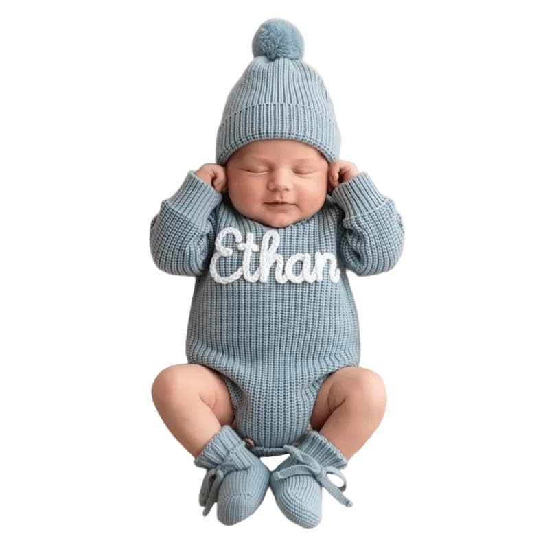 Personalized Embroidered Baby Romper Set, Custom Crochet Name Knit Sweater Cotto