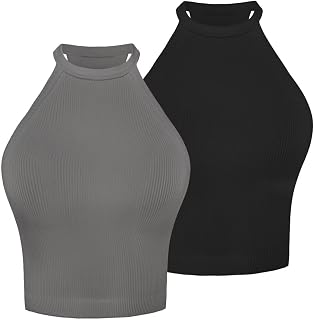Sunzel Women's Ribbed Seamless Halter Neck Cropped Yoga Worokout Tank Top
