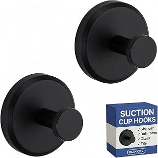 HOME SO Suction Cup Hooks for Shower & Bathroom Towel Holder 2-Pack Black | Waterproof Rustproof Organizer Hook Hanging Loofah Robe Coat Bath Accessories on Tile Glass Door Mirror + Optional 3M Disc