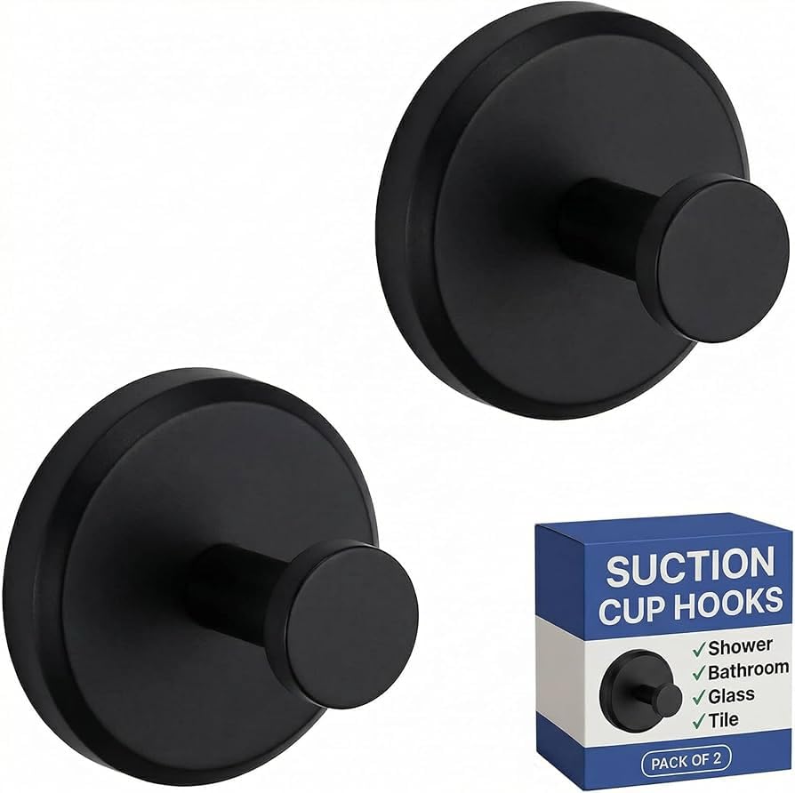 HOME SO Suction Cup Hooks for Shower & Bathroom Towel Holder 2-Pack Black | Wate