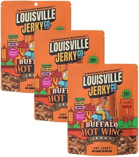 Louisville Vegan Jerky - Buffalo Hot Wing Vegan and Vegetarian Meat - Lip-Smacking Jerky - Gluten-Free High Protein Vegan Snacks 18 grams of Non-GMO Soy Protein - 3 oz, 3 Pack