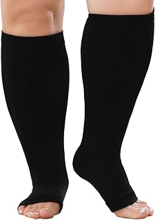 PUTUO Compression Stockings Large Size: Women Men Large Size Big Calf Open Toe Sports Cycling Travel Plane Pregnancy Socks 1 Pair Black 3XL