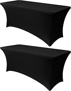 Obstal 6ft Stretch Black Spandex Table Cloth 2 Pack for Folding Tables | Universal Fitted Rectangular Tablecloth Protector for Wedding, Trade Show, Vendor Stand, Party and Event