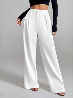 Women Wide Leg High Waist Trousers Pleated Front Zipper Side Pockets Office Casual