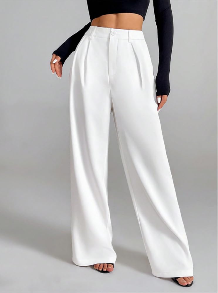 Women Wide Leg High Waist Trousers Pleated Front Zipper Side Pockets Office Casu