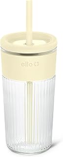 Ello Ava 18oz Glass Tumbler with Straw and Lid for Iced Coffee, Lemon | Fluted glass cup with silicone grip & straw for iced drinks, splash-resistant lid, dishwasher safe parts, & car cup friendly
