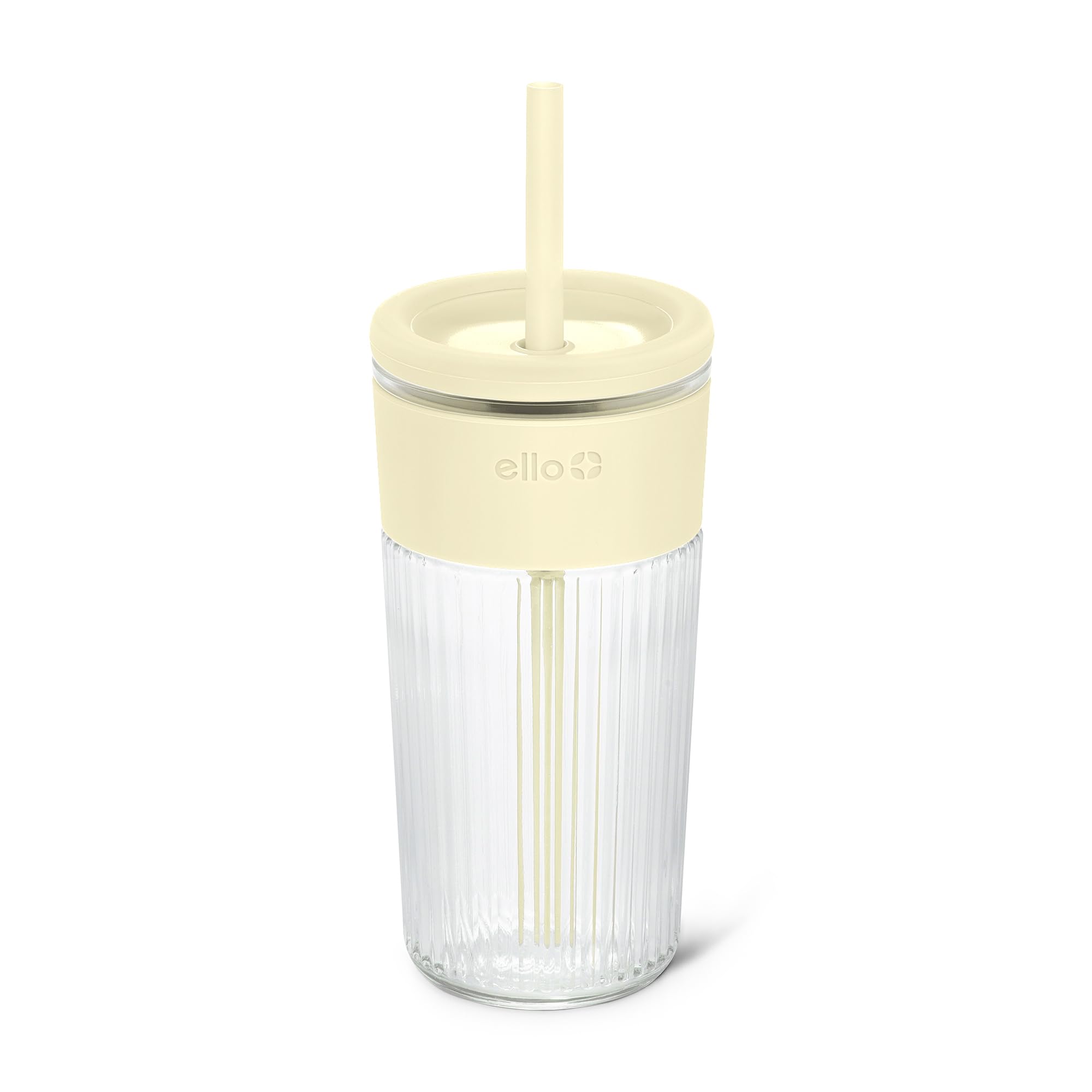 Ello Ava 18oz Glass Tumbler with Straw and Lid for Iced Coffee, Lemon | Fluted g