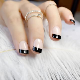 Short Press On Nails 24pcs/set Natural & Black French Fake Nails Nude Black Fake Nails Lady Full Artificial Design Nail Art Tips Home Office Salon DIY Stick On Nails