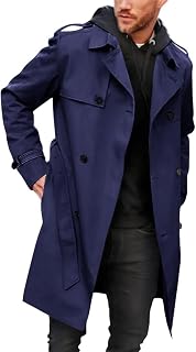 Runcati Mens Double Breasted Trench Coat Long Lapel Work Jacket with Belt