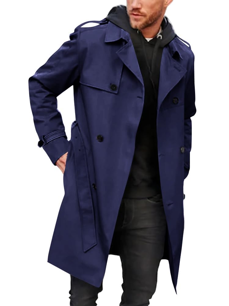 Runcati Mens Double Breasted Trench Coat Long Lapel Work Jacket with Belt