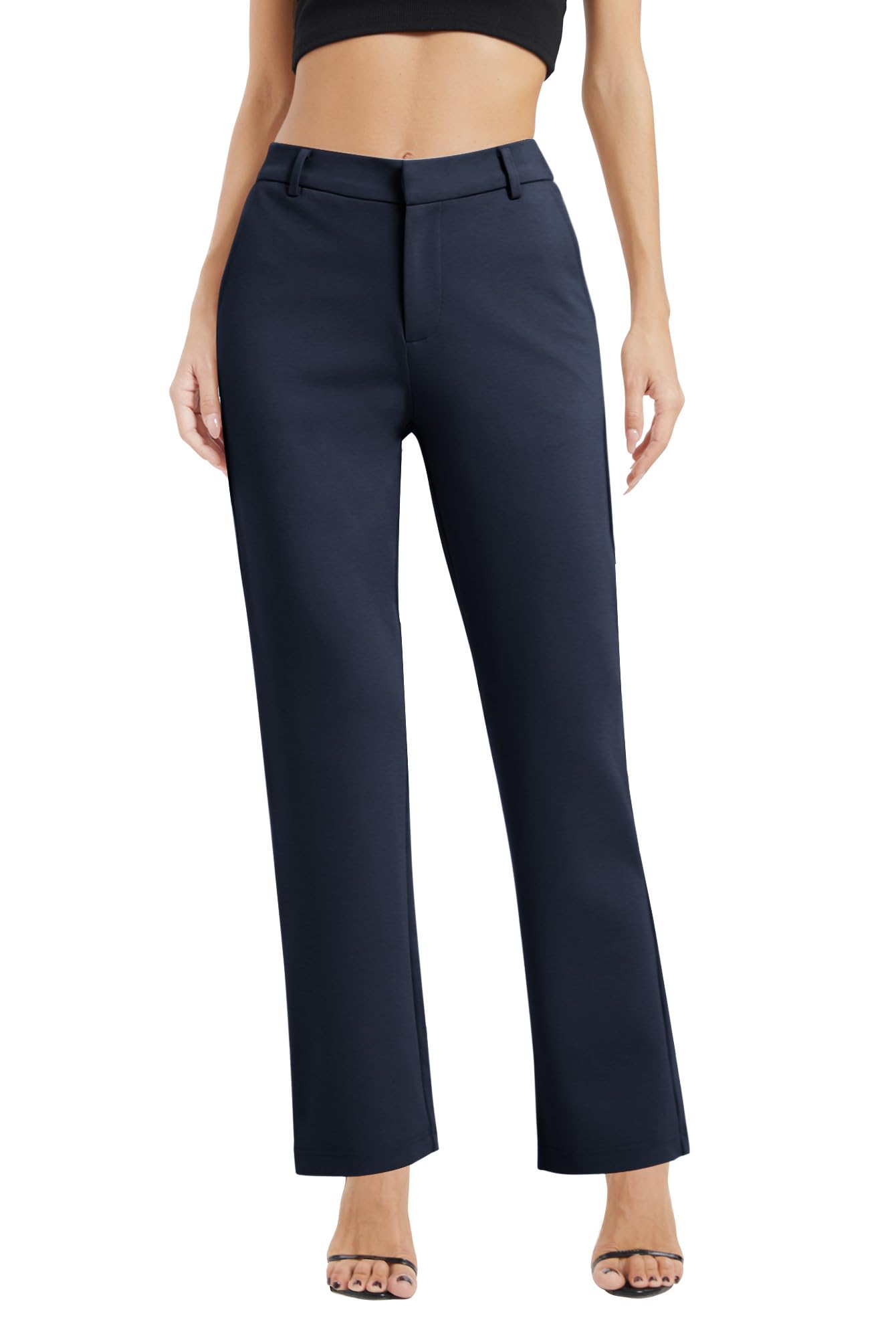 EXCHIC Women Casual Trade Straight Legs Work Elastic Waist Suit Pants with Pocke