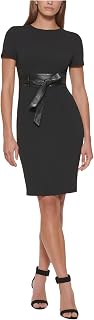 Calvin Klein Womens Scuba Crepe Short Sheath Dress with Faux Leather BeltDress