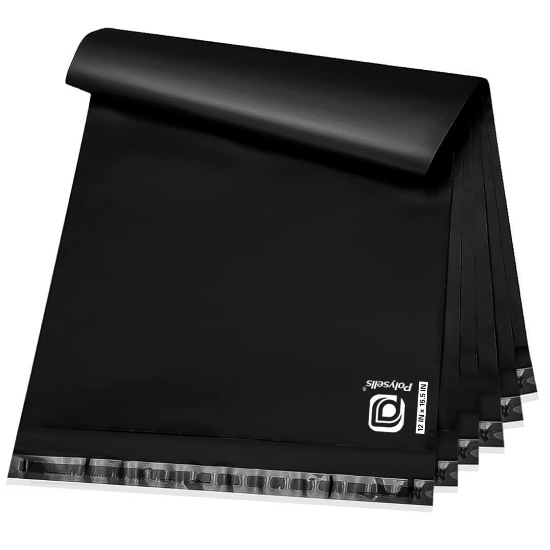 POLYSELLS 100 pcs 12x15.5 Inches Black Poly Mailers Shipping Envelopes, Strong A