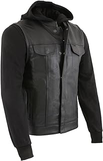 Milwaukee Leather LKM3714 Men's Black Club Style '2 in 1' Zipper Leather Vest with Removable Full Sleeve Hoodie