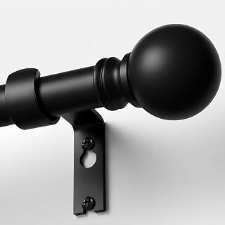 Modern Black Curtain Rods for Windows 48 to 84 Inches Adjustable Length | Heavy Duty 1" Diameter Window Curtain Rod with Round Decorative Finials for Bedroom Living Room Kitchen Farmhouse