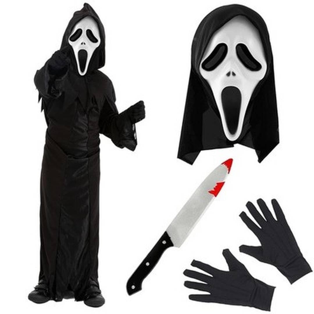 LOVETRENDS Kids Screamer Costume - Black Hooded Robe with Face Mask, Black Glove