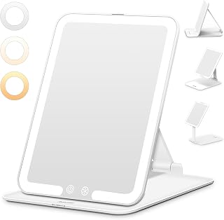 Auxmir Foldable Makeup Mirror with Light, Rechargeable Travel Mirror, White | 3 Color Modes with Dimmable Brightness, Compact Slim Design & Adjustable Stand for Travel and Everyday Makeup