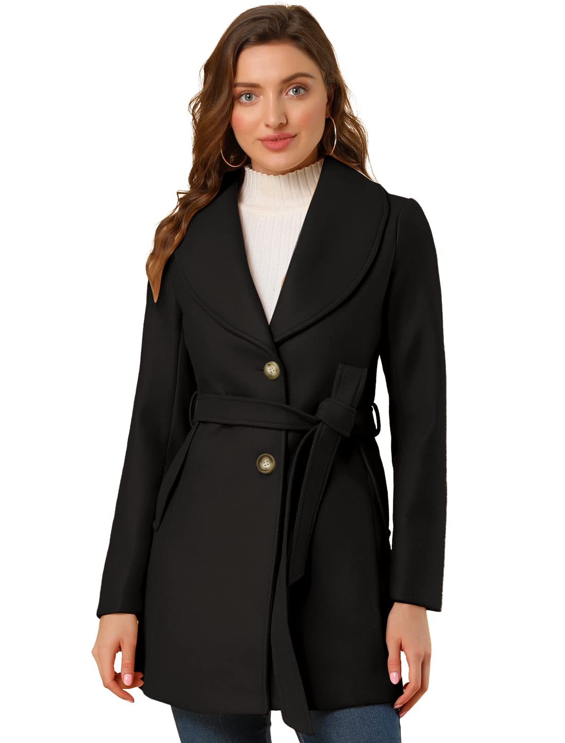 Allegra K Women's Winter Pea Coat 2026 Shawl Collar Belted Long Overcoats