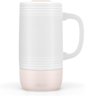Ello Jane 18oz Ceramic Travel Mug with Handle and Built-In Coaster, Sandbar | Splash-resistant ceramic coffee tumbler with handle and silicone base. BPA-free, great for hot drinks, tea, and gifting.