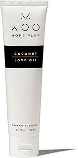 WOO More Play Coconut Love Oil (3.3 fl oz) Natural Organic Coconut Oil Lube | Smooth & Long-Lasting - FDA Cleared Edible Lube - Foreplay & Massage Oil - Vanilla Cupcakes Scent - Travel Size - Made in USA