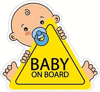 Baby on Board Car Safety Sign, Yellow Triangle Warning Sticker with Cartoon Design (Blue)