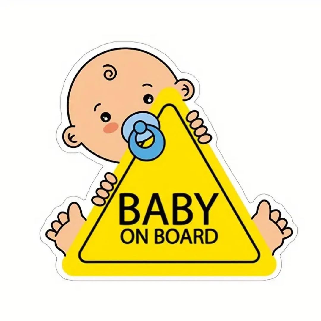 Baby on Board Car Safety Sign, Yellow Triangle Warning Sticker with Cartoon Desi