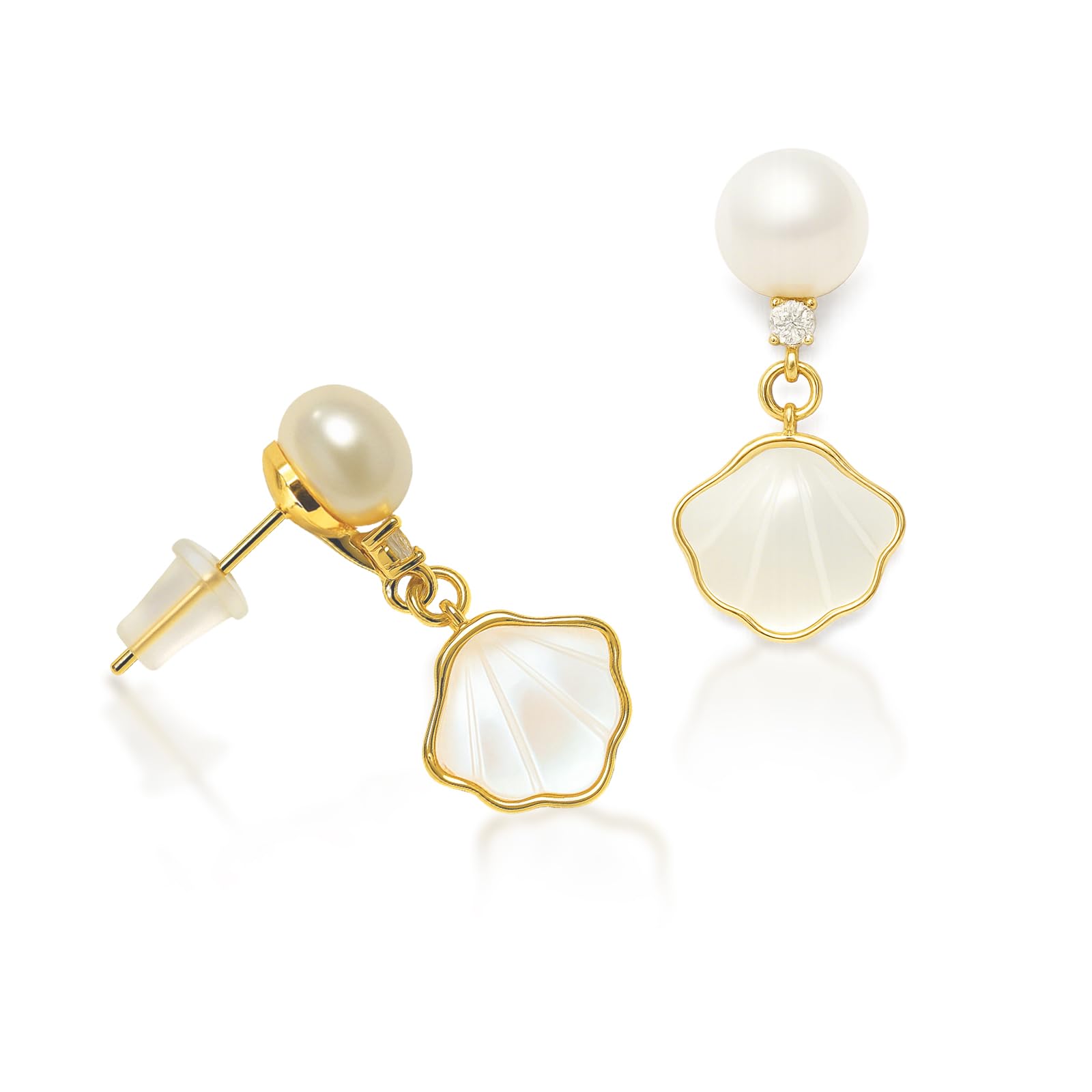 Pearl Shell Earrings for Women, 18K Gold Plated Brass Boho Drop Earrings with Fr