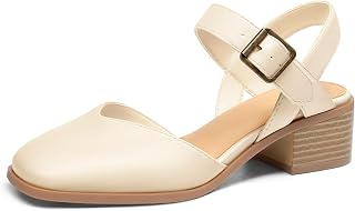 Coutgo Scarpe da donna con tacco basso e punta chiusa, stile vintage, con cinturino alla caviglia regolabile