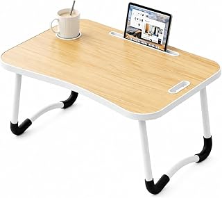 Foldable Lap Desk, Laptop Table Tray for Bed with Cup Holder/Slot/Carrier, Wood
