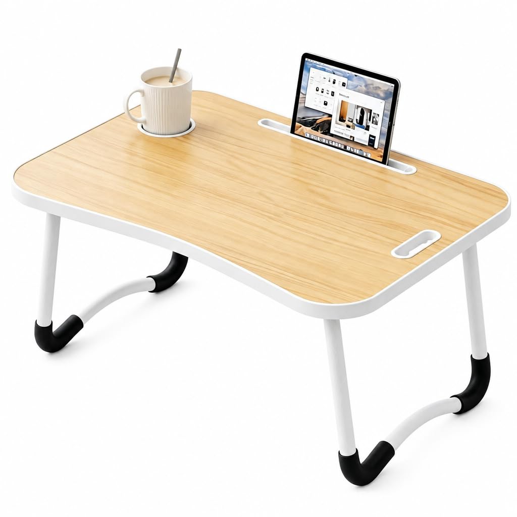 Foldable Lap Desk, Laptop Table Tray for Bed with Cup Holder/Slot/Carrier, Wood
