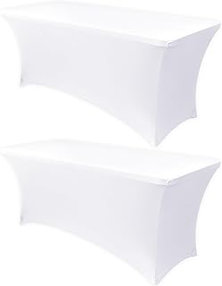 Obstal 4ft Stretch Spandex Table Cover for Standard Folding Tables 2 Pack Universal Rectangular Table Cloths for Party, Banquet, Event, Trade Show (White, 48"L x