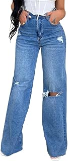 shownicer Women's Long Jeans High Waist Jeans Wide Jeans Baggy Denim Straight Trousers Vintage Stretch Casual Jeans Straight Wide Leg Pants Denim Trousers